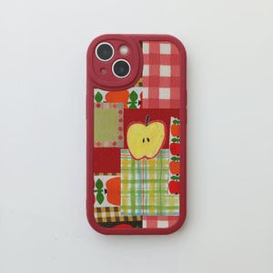 Lapptäcksfodral till Apple iPhone, quiltat läderfodral med fruktmotiv och bondgårdsmotiv
