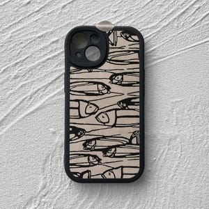 Abstract Fish Line Art Leather iPhone Case, Bold Black White Sketch Phone Cover Artsy Gift