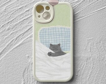 Cozy Sleeping Kitten iPhone Case, Whimsical Cat Art Phone Cover, TPU Leather Accessory
