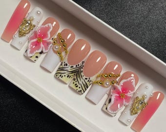Dawn | White & Pink 3D Flower French Tip Press On Nails | CHARM FREESTYLE