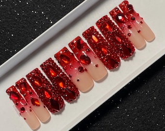Ruby | Red & ombre bling press on nails