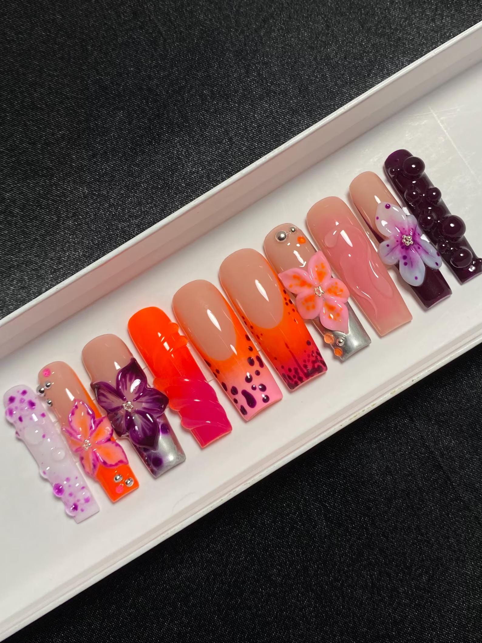 Nova | 3D Flower Assorted Press On Nails | Chrome French Tip