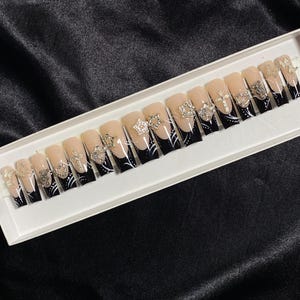 READY TO SHIP Press On Nails | Long Square | Black French & Charms | Size Medium-Large | 16 Piece Nail Set