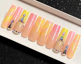 Spring Bling | Glitter Pink & Yellow Ombré Bling Press On Nails