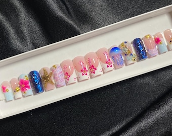 Pink & Blue Summer Beach Press On Nails | Medium Square | Fit Size S-M | 16 Piece Set