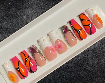 Bloom | Butterfly & 3D Flower Summer Press On Nails | Colorful French Bling Nails