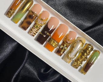 Savanna Press On Nails | Baroque Gold 3D Safari, Earth Tones | Handmade Nail Set