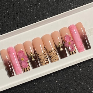 Hazel | Brown & Pink 3D Flower French Tip Press On Nails