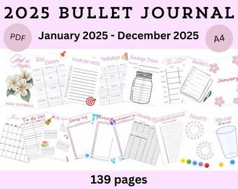 Pode incluir: Um diário de balas PDF imprimível com 139 páginas para o ano de 2025. A capa apresenta o texto "2025 Bullet Journal" em preto sobre fundo rosa. O diário inclui páginas para datas importantes, objetivos, aniversários, rastreamento de economias, listas de tarefas, registros de sono, ingestão de água, calendários mensais, diário de gratidão, rastreamento de humor e muito mais.