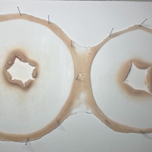 May include: A prosthetic makeup piece featuring two connected, circular shapes with a central, irregular opening. The edges are outlined in a flesh-toned color, and the piece is secured with small pins on a white surface.
