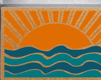 Sun And Waves Doormat, Colorful Coastal Style Entryway Rug, Summer Beach House Decor, Unique Outdoor Welcome Mat, Bright Porch Floor Accent