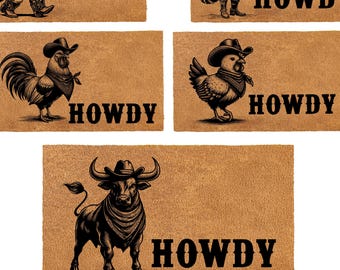 Howdy Animal Doormat, Funny Cowboy Pet Mat Western Front Door Decor, Custom Welcome Mat, Housewarming Gift for Pet Lover Personalized Howdy