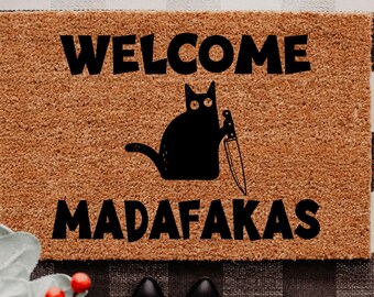 Madafakas Mufka Black Cats with Knives, A Unique Closing Gift, Housewarming Gift, Halloween Gothic Cat Gift Mat, Welcome Doormat for Women