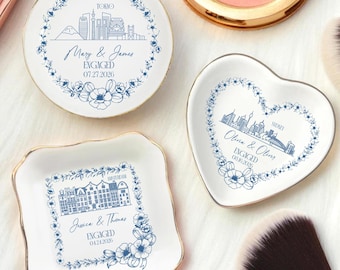 Personalized City Skyline Ring Dish, Couple Name Ceramic Plate, Wedding Engagement Gift, Anniversary Date Keepsake, Bridal Shower Present