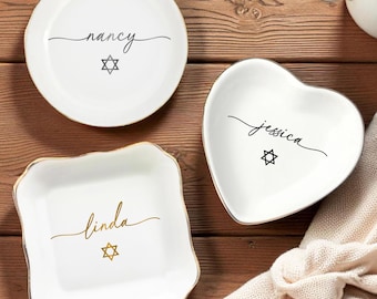 Personalized Star of David Ring Dish, Custom Name Ceramic Jewelry Holder, Jewish Gift for Her, Bat Mitzvah Keepsake, Minimal Trinket Plate