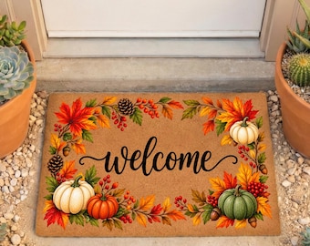 Fall Welcome Doormat, Pumpkin And Maple Leaf Porch Mat, Autumn Harvest Entryway Rug, Rustic Seasonal Front Door Decor, Housewarming Gift Rug