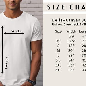May include: A white Bella+Canvas 3001 unisex crewneck t-shirt. The image includes a size chart with measurements in inches for sizes XS to 3XL. The chart shows width and length measurements.