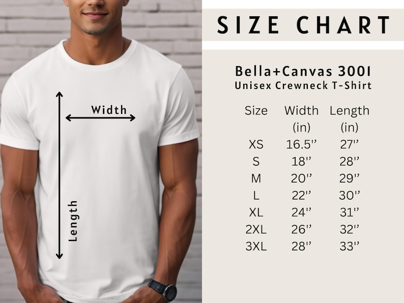 May include: A white Bella+Canvas 3001 unisex crewneck t-shirt. The image includes a size chart with measurements in inches for sizes XS to 3XL. The chart shows width and length measurements.