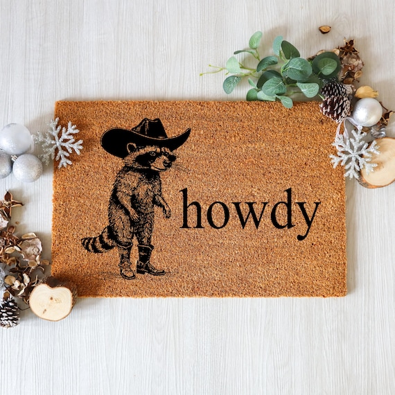 Howdy Racoon Cowboy Funny Doormat, Funny Coir Door Mat, Western Decor Funny Coir Doormat, Welcome Mat, New Home Gift for Home, Wedding Gift