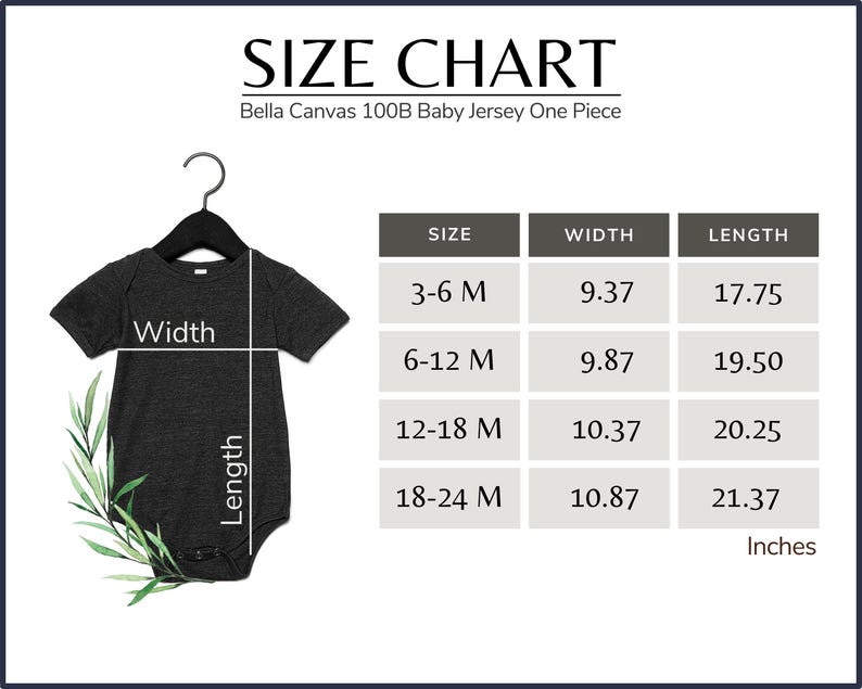 May include: A size chart for a Bella Canvas 100B baby jersey one-piece. The chart includes sizes 3-6 months, 6-12 months, 12-18 months, and 18-24 months. Width measurements range from 23.8 cm to 27.6 cm, and length measurements range from 45.1 cm to 54.3 cm.