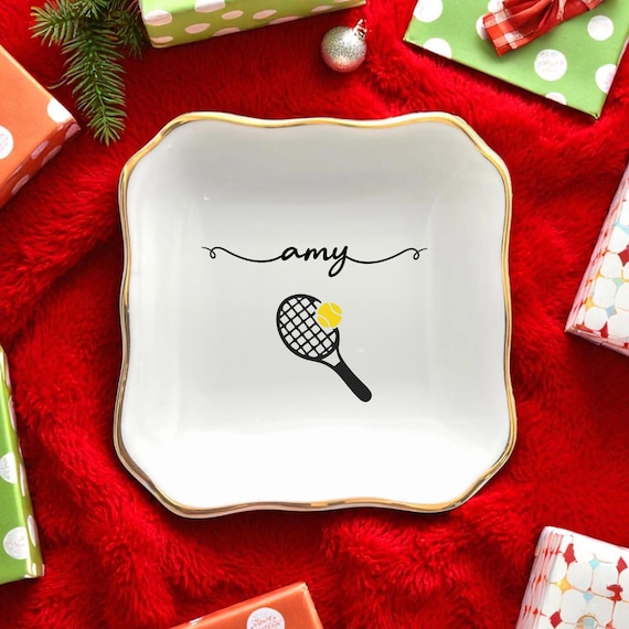 Hand Painted Tennis Name Ring Dish, Minimal Jewelry Plate For Tennis Player, Custom Gift For Her, Racket Lover Accessory Tray Ring Dish