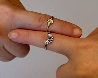 Anillos de amistad Sol y Luna, chapados en oro de 14k, anillos a juego para parejas, joyería celestial, anillos celestiales apilables, regalo para mejores amigos, amor