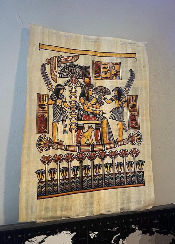 エジプトのパピルス画、猫を抱くネフェルタリ女王、手作りの壁画、古代