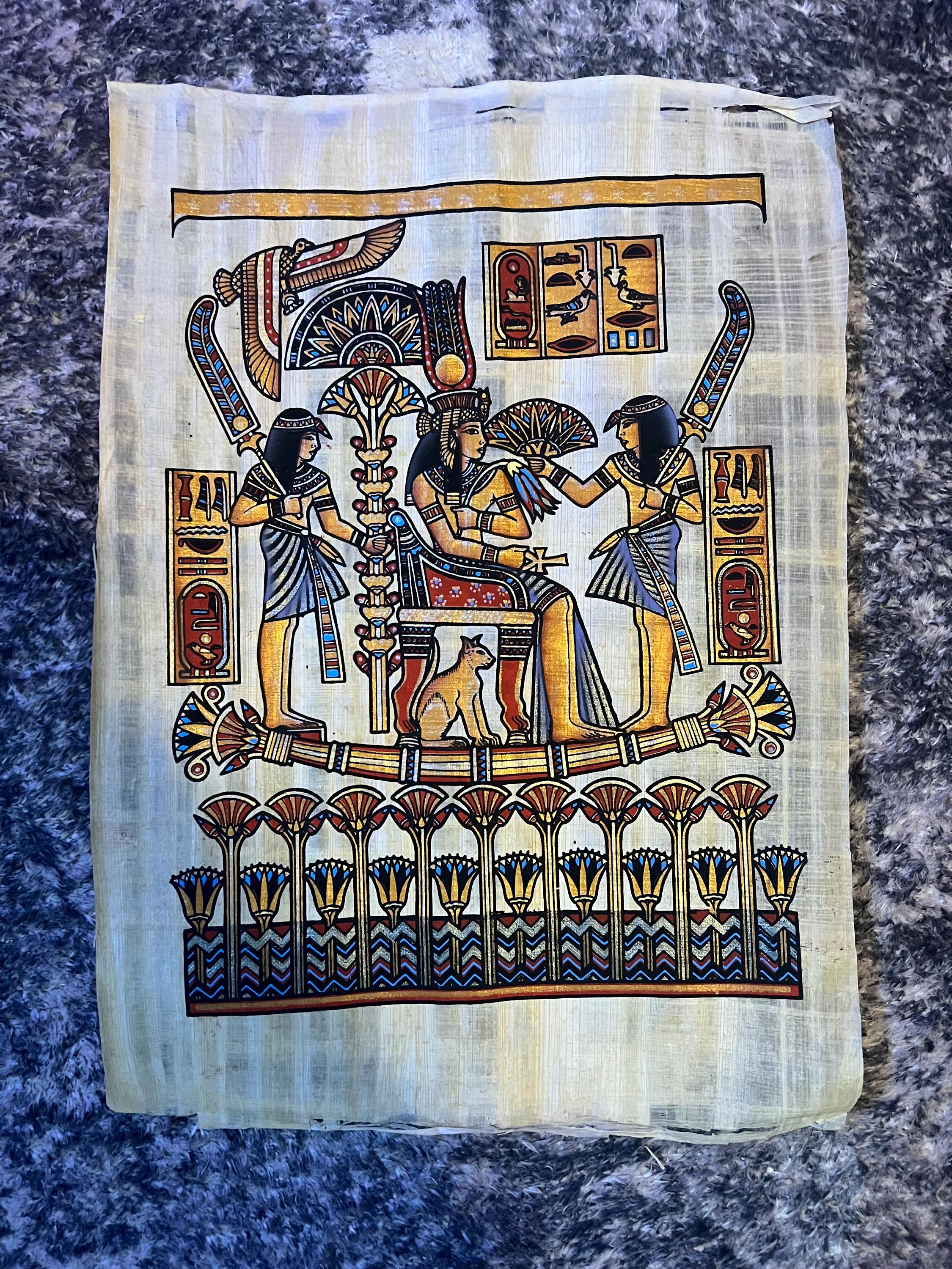 エジプトのパピルス画、猫を抱くネフェルタリ女王、手作りの壁画、古代