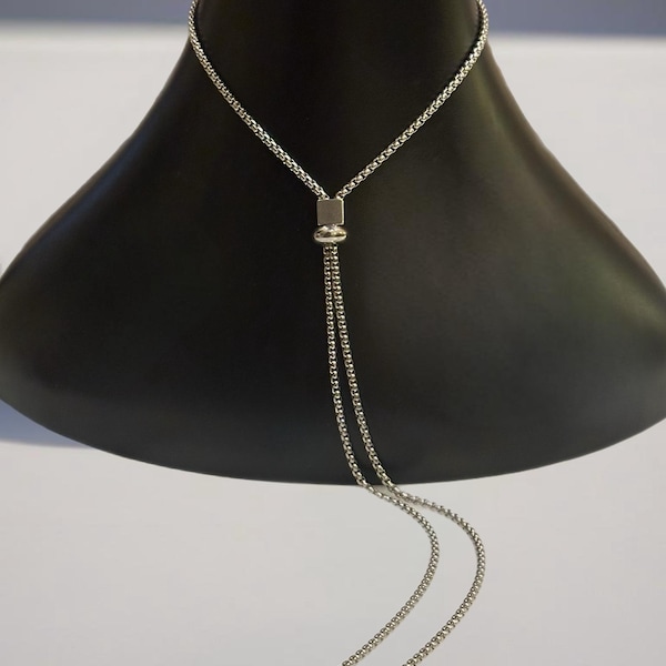 Stainless Steel Silver Lariat Necklace, Y Necklace, Sliding Box Necklace, Sliding Bead Adjustable Necklace, Gift for him or her, Unisex