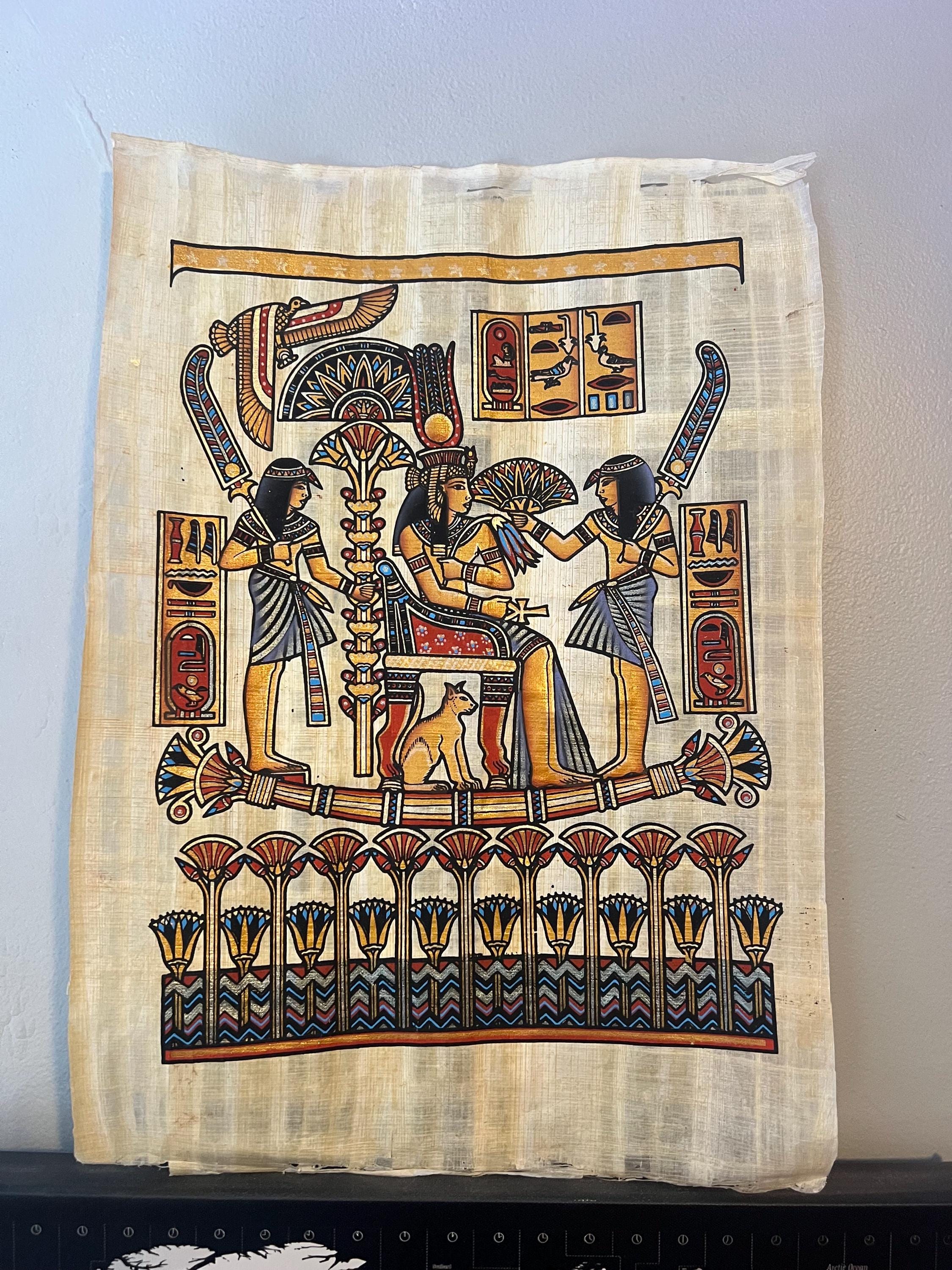 エジプトのパピルス画、猫を抱くネフェルタリ女王、手作りの壁画、古代