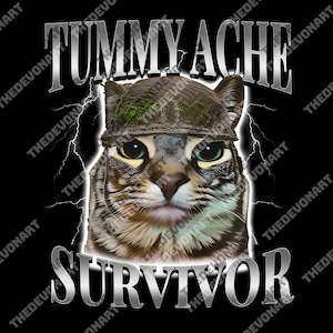 Tummy Ache Survivor png, Funny Cat Meme png for Men, Vintage Graphic png, Trending png