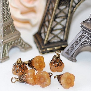 Caramel Blossom czech crystal glass bronze beadcaps bead dangle pendant vintage image 1