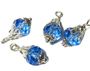 Free Ship Sappire Blue Faceted Crystal -  Charms - Silver Findings -Charms -Dangles- Jewelry Making