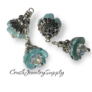 Bead Dangles , Vinntage Style Blue flowers, BlossomsCharms, pendants jewelry making supplies, Swarovski Crystals, Oval, silver bead caps,