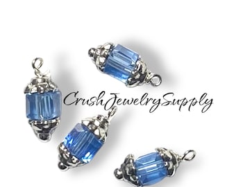 Sapphire Czech Crystal Drop: Antiqued Silver Bead Dangles (Set of 4)