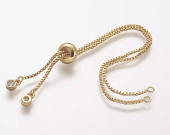 Adjustable - Gold plated - Slider Chain bracelet - Crystal Embellisments - 2 Loops for Connector charm - Jewelry Making