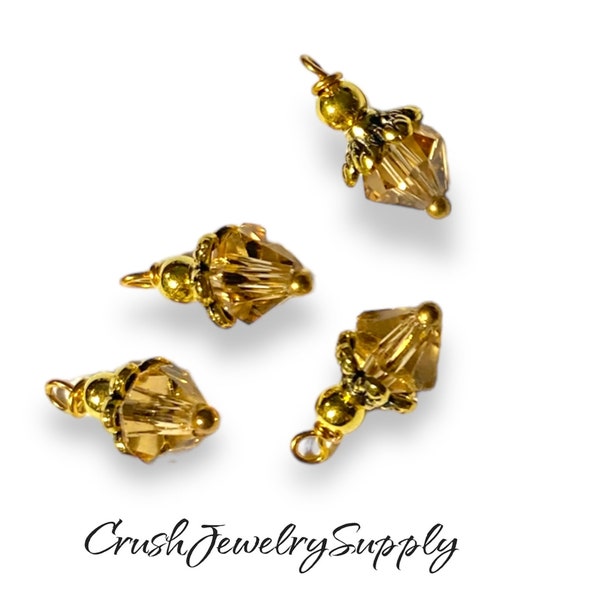 Champagne crystal drops,Dangles,  gold bead caps, Swarovski crystal  bead, faceted, Small dangle, beads jewelry making findings, earrings