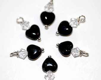 Black Bead Dnagles Crystal Jet Heart Charms