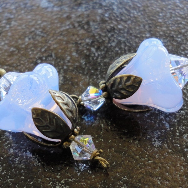 Crystal drop bellflower Czech beads focal opal violet  pendant dangles antiqued rhinestone rondelle