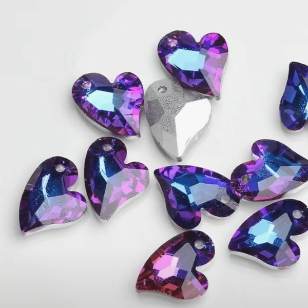 Purple Blue Crystal Heart Charms - Jewelry Making - Brass - Lucite - Swarovski Crystal