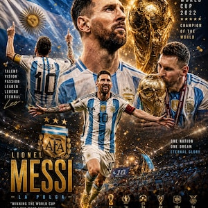 Peut inclure: Une affiche commémorative montrant Lionel Messi avec le maillot de l'Argentine, le trophée de la Coupe du Monde 2022 et du texte incluant "Greatest of All Time", "Champion of the World", "One Nation One Dream" et une citation de Messi.
