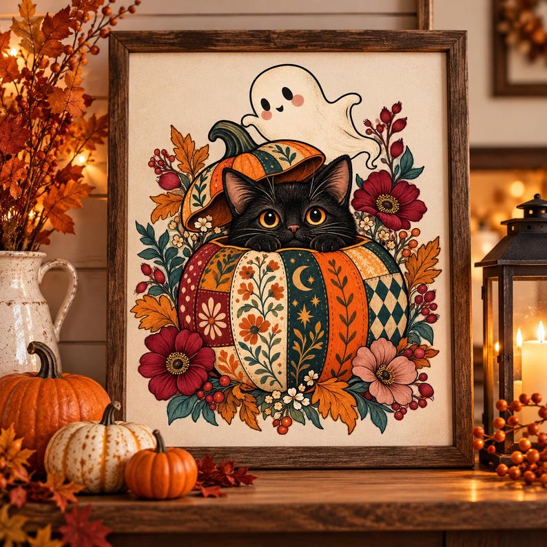 Op de afbeelding: Een ingelijste kunstdruk met een zwarte kat die uit een decoratieve pompoen met verschillende patronen kijkt. Een kleine witte geest zweeft erboven, omringd door kleurrijke herfstbladeren, rode bessen en diverse bloemmotieven.