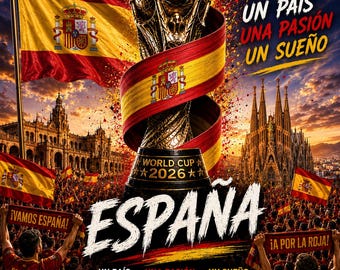 Op de afbeelding: Een grafische poster met de gouden Wereldbeker 2026 trofee gewikkeld in een Spaanse vlag, met de tekst "ESPAÑA" en "WORLD CUP 2026". De achtergrond toont de Spaanse vlag, de Sagrada Familia en een menigte fans in rode voetbalshirts.