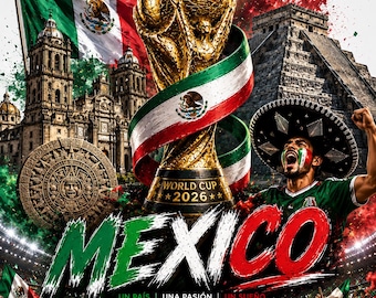 Op de afbeelding: Een grafische poster met de gouden Wereldbeker 2026 trofee omwikkeld met een lint in de kleuren van de Mexicaanse vlag. Het toont de vlag, een kathedraal, een stenen kalender, een piramide en een juichende fan met sombrero. Tekst MEXICO 2026.