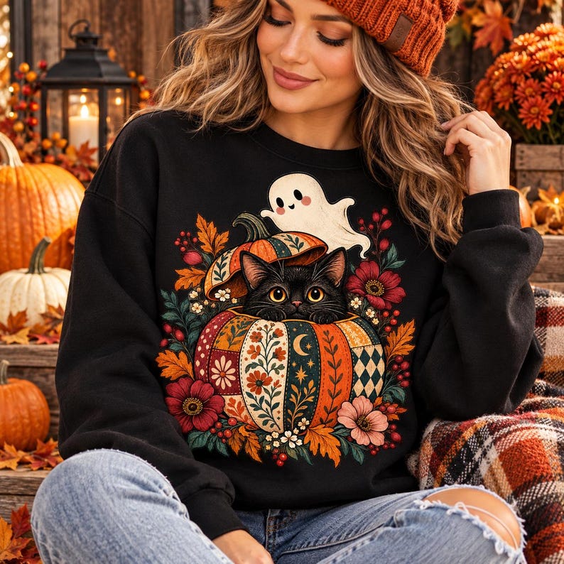 Op de afbeelding: Een zwart sweatshirt met lange mouwen en een grafische print van een zwarte kat die uit een pompoen met patronen kijkt, omringd door herfstbladeren, bloemen en een klein wit spookje dat boven de pompoen zweeft, tegen een donkere achtergrond.