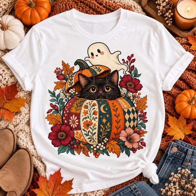 Op de afbeelding: Een wit t-shirt met een grafische print van een zwarte kat die uit een pompoen met patronen kijkt, met daarboven een klein spookje. Het ontwerp is omringd door kleurrijke herfstbladeren, rode bessen en diverse bloemen in rood- en rozetinten.