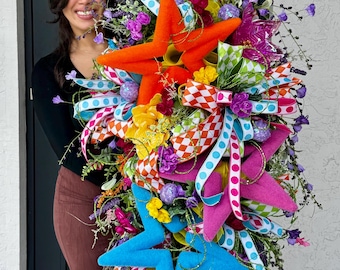Guirnalda de estrellas XL, colorida decoración para la puerta principal, diseño floral caprichoso para primavera y verano.