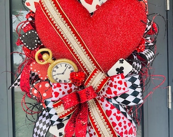 Corona de San Valentín XL de Reina de Corazones, decoración de lujo para puerta con forma de corazón rojo