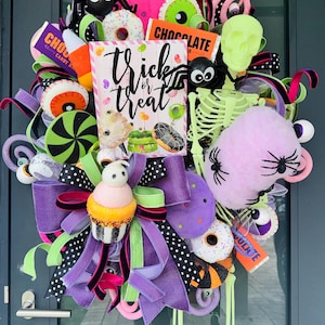 XL Sweet & Spooky Halloween Wreath, Trick or Treat Candy, Skeleton, Cupcake and Spider Door Decor – Fun Colorful Front Door Decoration