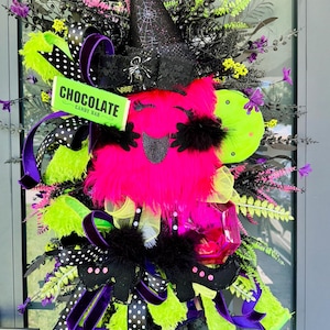 Glam Neon Witch Halloween Wreath with Gems, Chocolate Bar & Vibrant Ribbons – Whimsical, Colorful, Halloween Spooky and Fun Front Door Decor